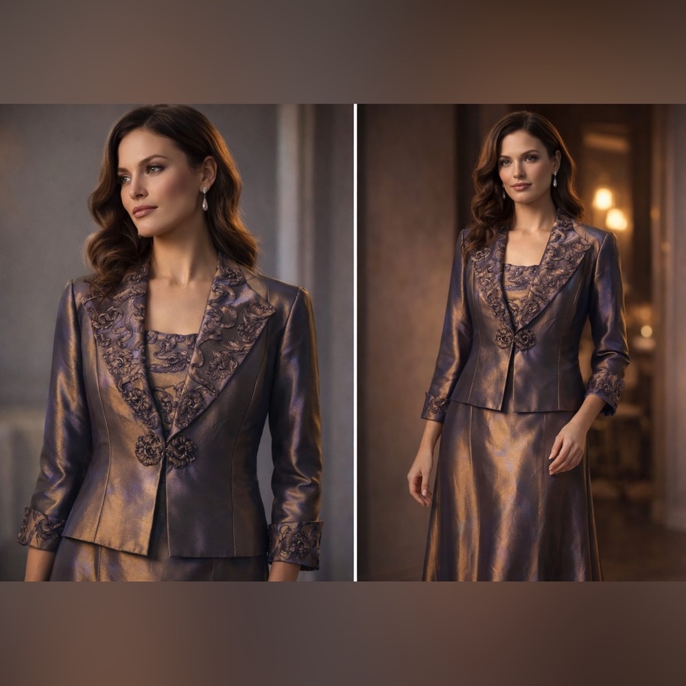 Cachet 2-Piece Formal Set NWT Sz 14W Antique Gold with Lilac Iridescent Shimmer